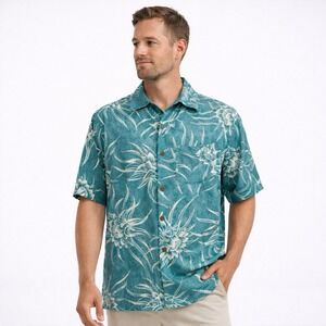 Red Turtle 100%‎ Silk Tropical Floral Shirt Men L Blue Hawaiian Button Up Resort